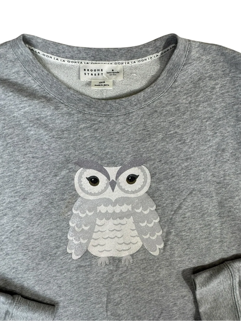 Kate Spade Broome Street Owl Sweatshirt Gray Cotton Pullover Ooh La La Medium